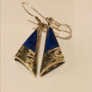 Sterling silver earrings with a blue Inter lay looks like lapis. Stamped 925